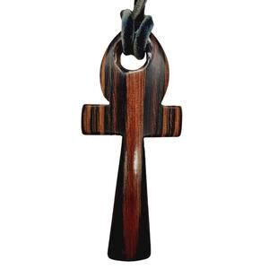 ANKH Brown Carved Wood Ankh 3" on Leather Necklace